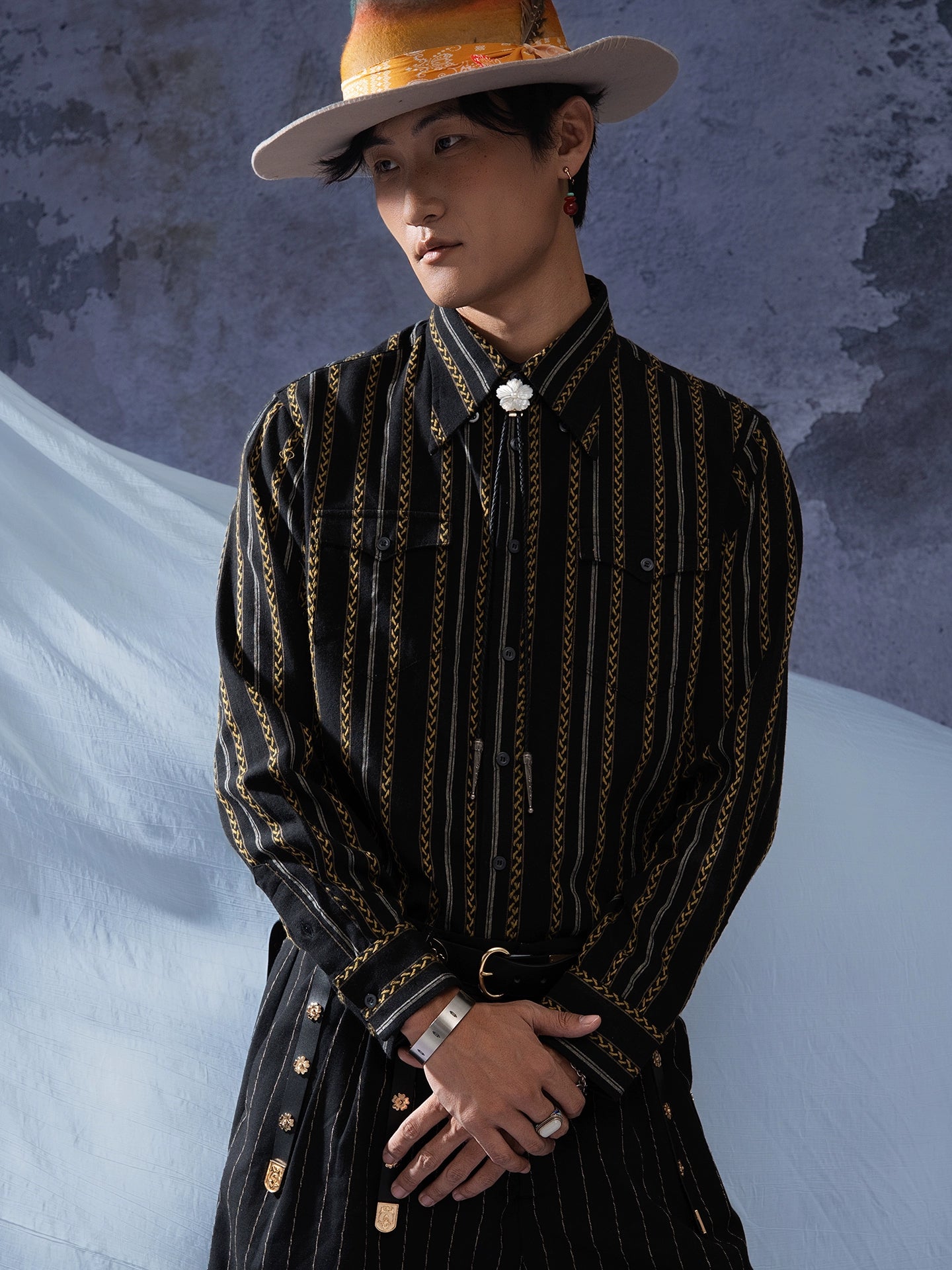 SOARIN美式西部牛仔风黑色条纹长袖衬衫男 全棉休闲提花工装衬衣
