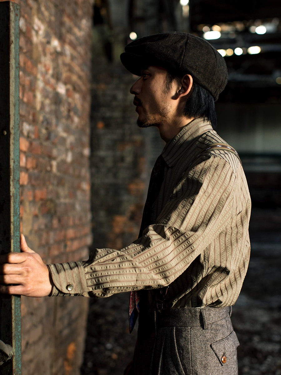 SOARIN英伦复古条纹西装衬衫男 泡泡纱免烫抗皱商务修身长袖衬衣