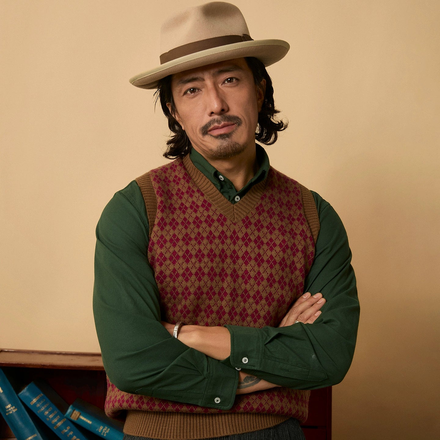 SOARIN复古老钱风菱格费尔岛毛衣背心男 英式提花针织衫马甲坎肩