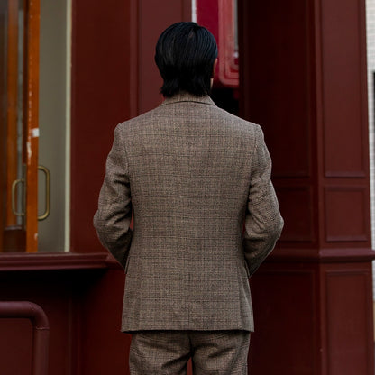 SOARIN英伦复古格子西装外套男 羊毛呢格纹商务休闲双排扣单西服