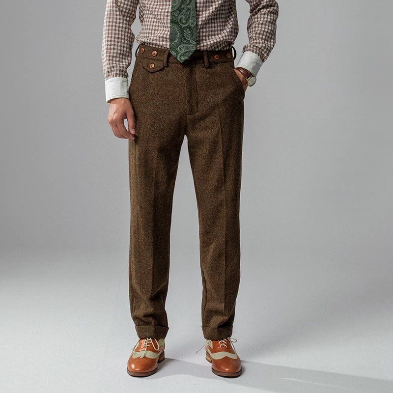 SOARIN British Vintage Tapered Fit Herringbone Wool Trousers  Z83F24