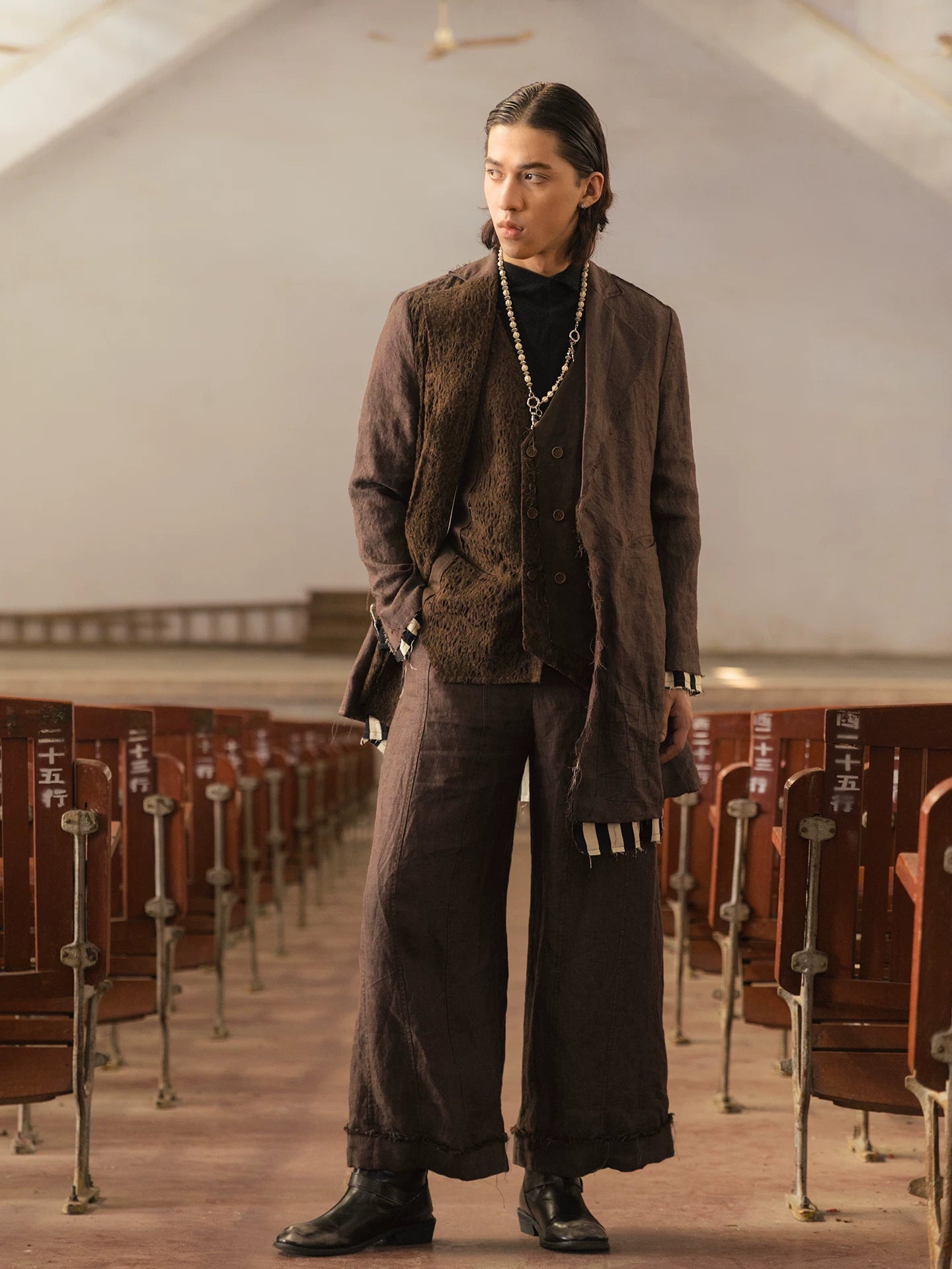 SOARIN Gai Yu Xia Series Relaxed Fit Linen Hemp Blend Asymmetric Patchwork Long Overcoat DCZ253TXZ129