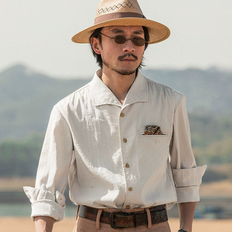 SOARIN意式那不勒斯衬衫男 松弛高级感一片领瀑布袖条纹长袖衬衣