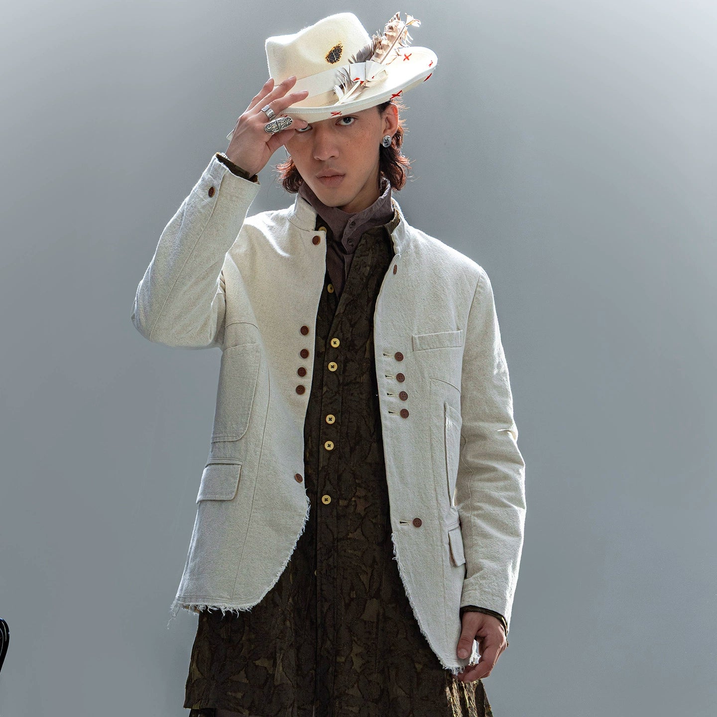 SOAIRN独立复古立领棉麻西装外套男 新中式双排扣毛边休闲单西服