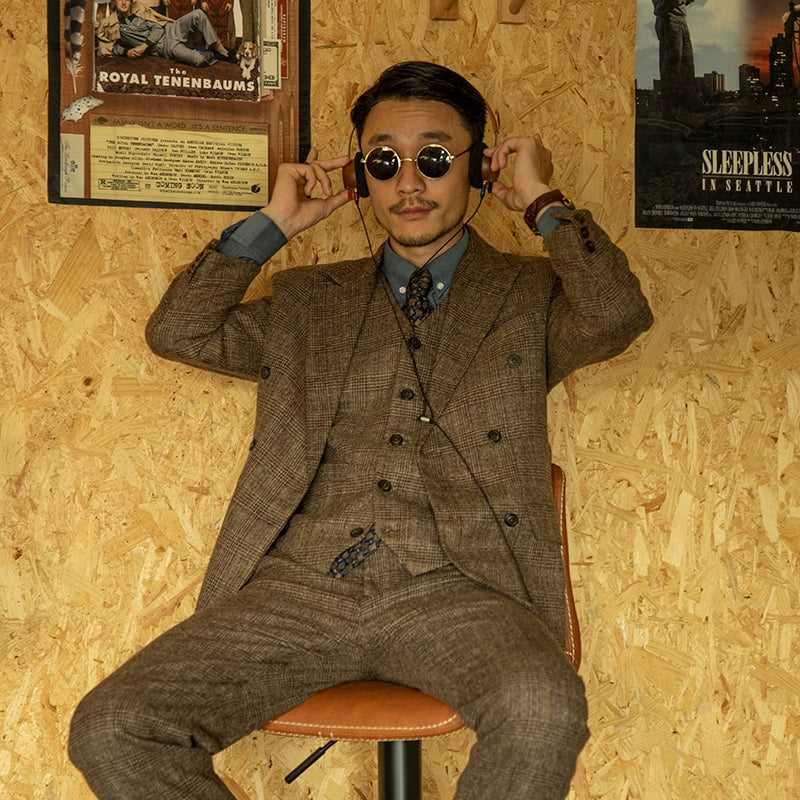 SOARIN英伦复古格子西装外套男 羊毛呢格纹商务休闲双排扣单西服