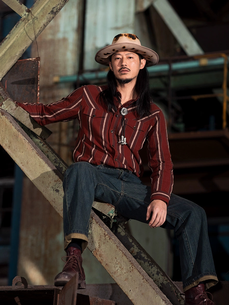 SOARIN美式复古红色大条纹长袖衬衫男阿美咔叽西部风休闲工装衬衣