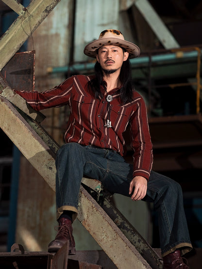 SOARIN美式复古红色大条纹长袖衬衫男阿美咔叽西部风休闲工装衬衣