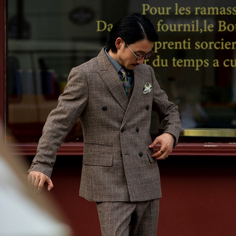 SOARIN英伦复古格子西装外套男 羊毛呢格纹商务休闲双排扣单西服