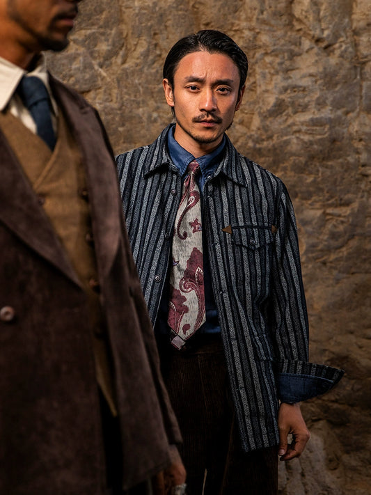 SOARIN美式复古工装夹克男士 阿美咔叽秋冬休闲条纹翻领外套上衣