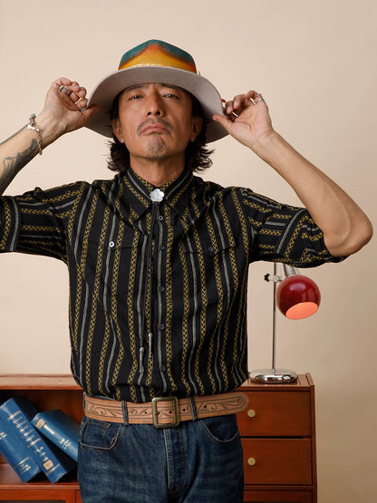 SOARIN美式西部牛仔风黑色条纹长袖衬衫男 全棉休闲提花工装衬衣