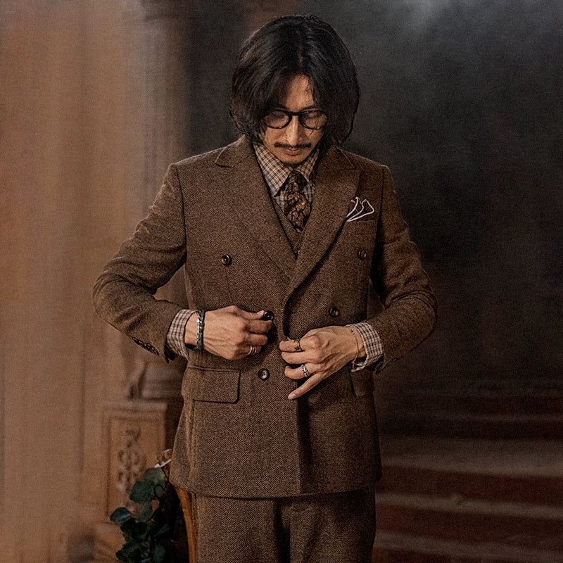 SOARIN英伦复古双排扣西服男 羊毛呢人字纹商务休闲修身西装外套