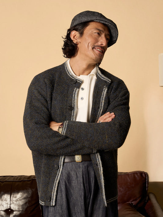 SOARIN英伦风复古圆领针织开衫男 撞色慵懒风休闲宽松毛衣外套冬