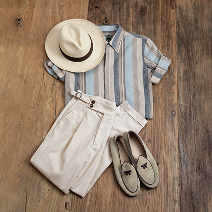 SOARIN英伦风复古那不勒斯西裤男夏季棉麻商务休闲修身锥形九分裤