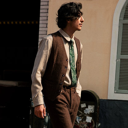 SOARIN复古英伦粗花呢西装马甲男 羊毛呢人字纹婚礼西服马夹背心