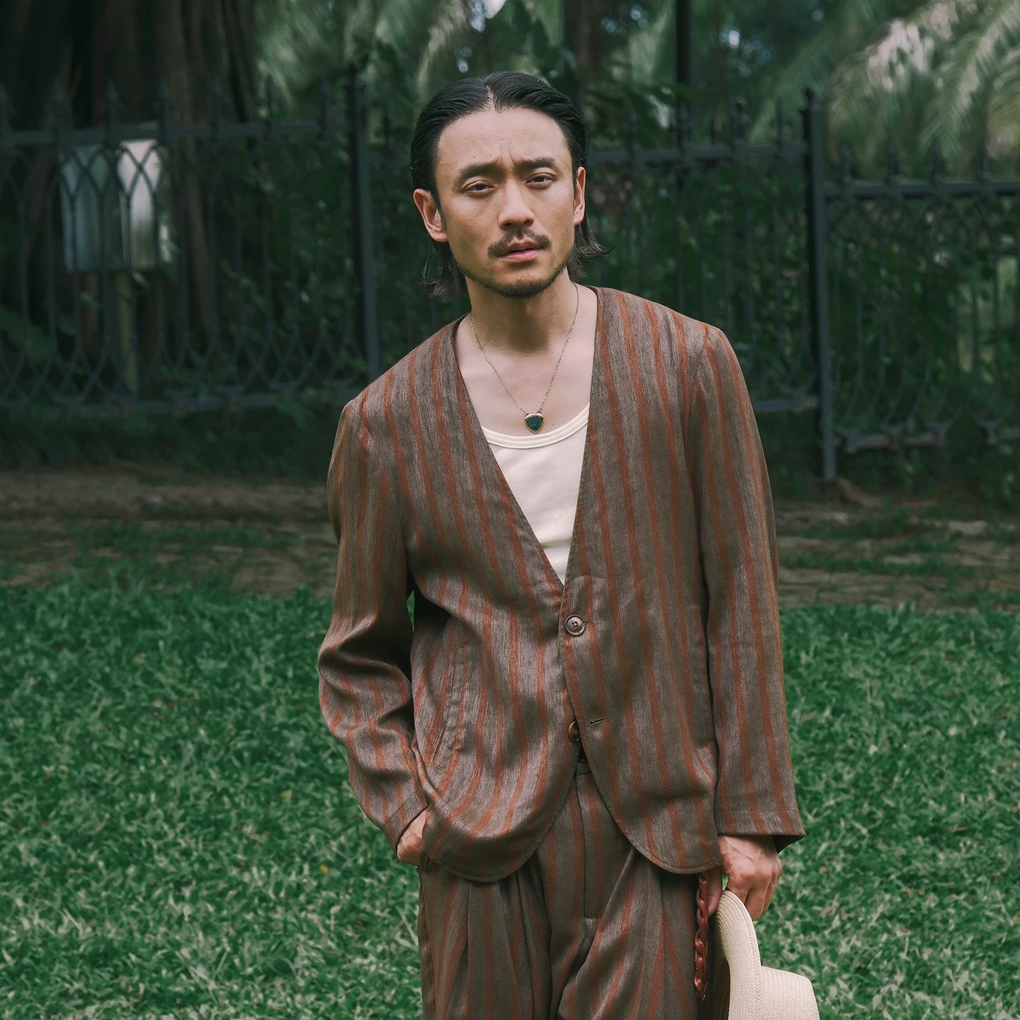SOARIN Amekaji Vintage Loose Fit Striped Linen Blend Collarless Blazer Jacket JITZ262TXZ136