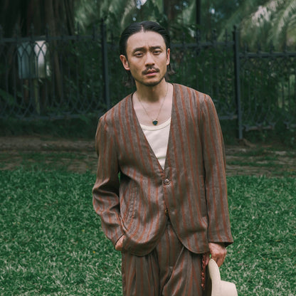 SOARIN Amekaji Vintage Loose Fit Striped Linen Blend Collarless Blazer Jacket JITZ262TXZ136