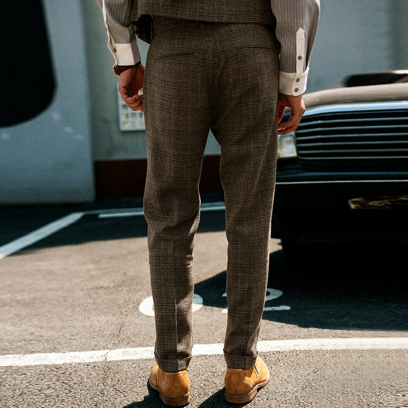 SOARIN英伦复古格子西装裤男士 商务休闲修身九分裤格纹直筒裤子