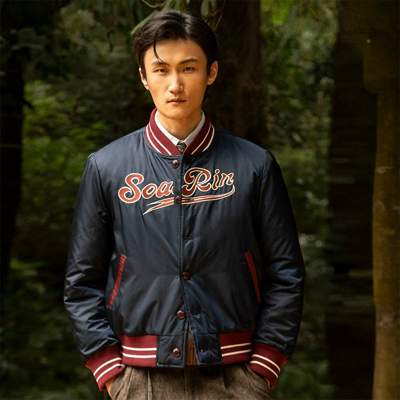 SOARIN美式复古棒球服外套男 常青藤学院风休闲宽松刺绣棉服夹克