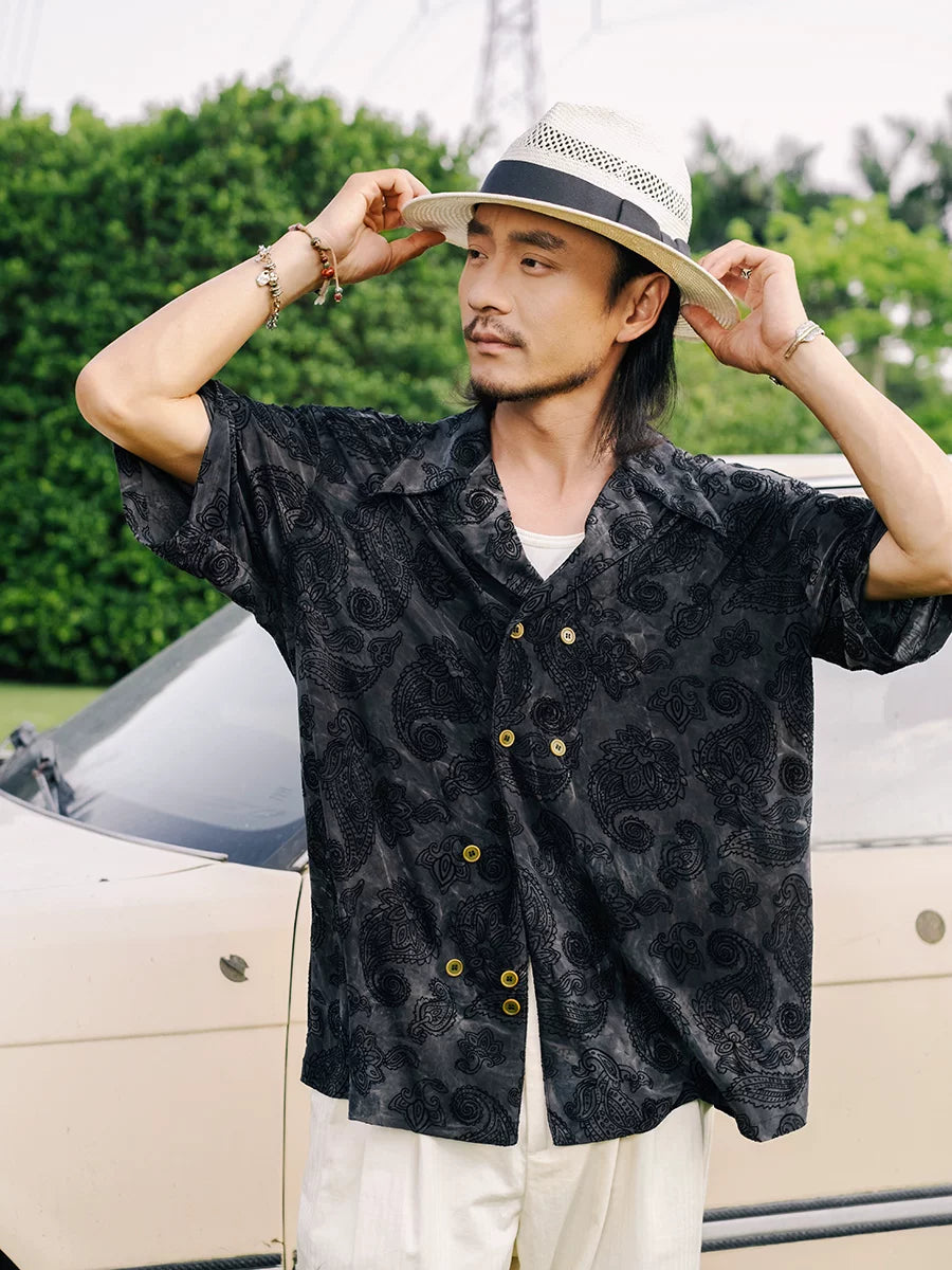 SOARIN Vintage Jacquard Paisley Double-Breasted Cuban Collar Short Sleeve Shirt JITZ2426C244