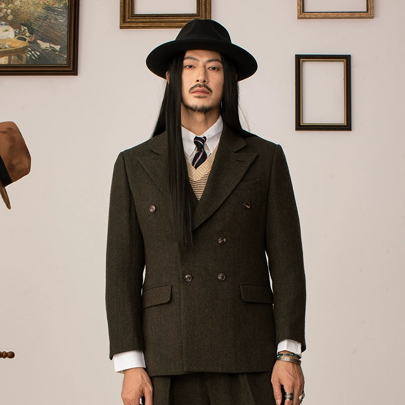SOARIN英伦复古双排扣西装外套男戗驳领人字纹毛呢商务休闲单西服