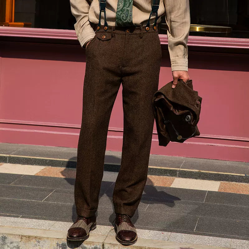 SOARIN British Vintage Tapered Fit Herringbone Wool Trousers  Z83F24