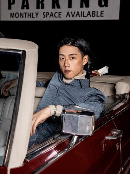 SOARIN英伦风高级感法式衬衫男复古雅痞免烫垂感西装条纹长袖衬衣