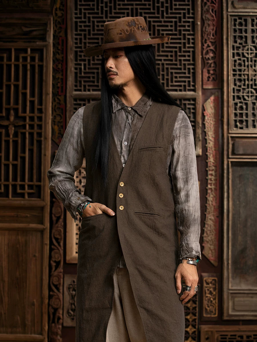 SOARIN WORLD gai yu xia Series Mid-Length Vest Vintage Cotton-Linen Blend DCZ233TB29