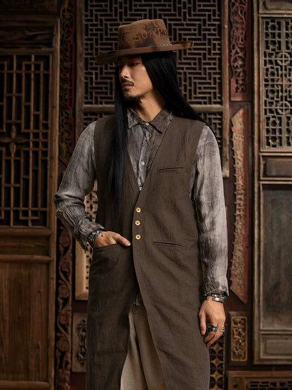 SOARIN WORLD gai yu xia Series Mid-Length Vest Vintage Cotton-Linen Blend DCZ233TB29