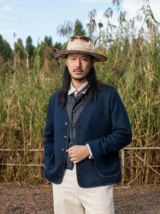 SOARIN英伦风复古羊毛夹克外套男 秋冬V领拉链休闲修身茄克衫上衣