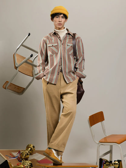 SOARIN美式复古彩虹条纹长袖衬衫男claenfit松弛感双口袋工装衬衣