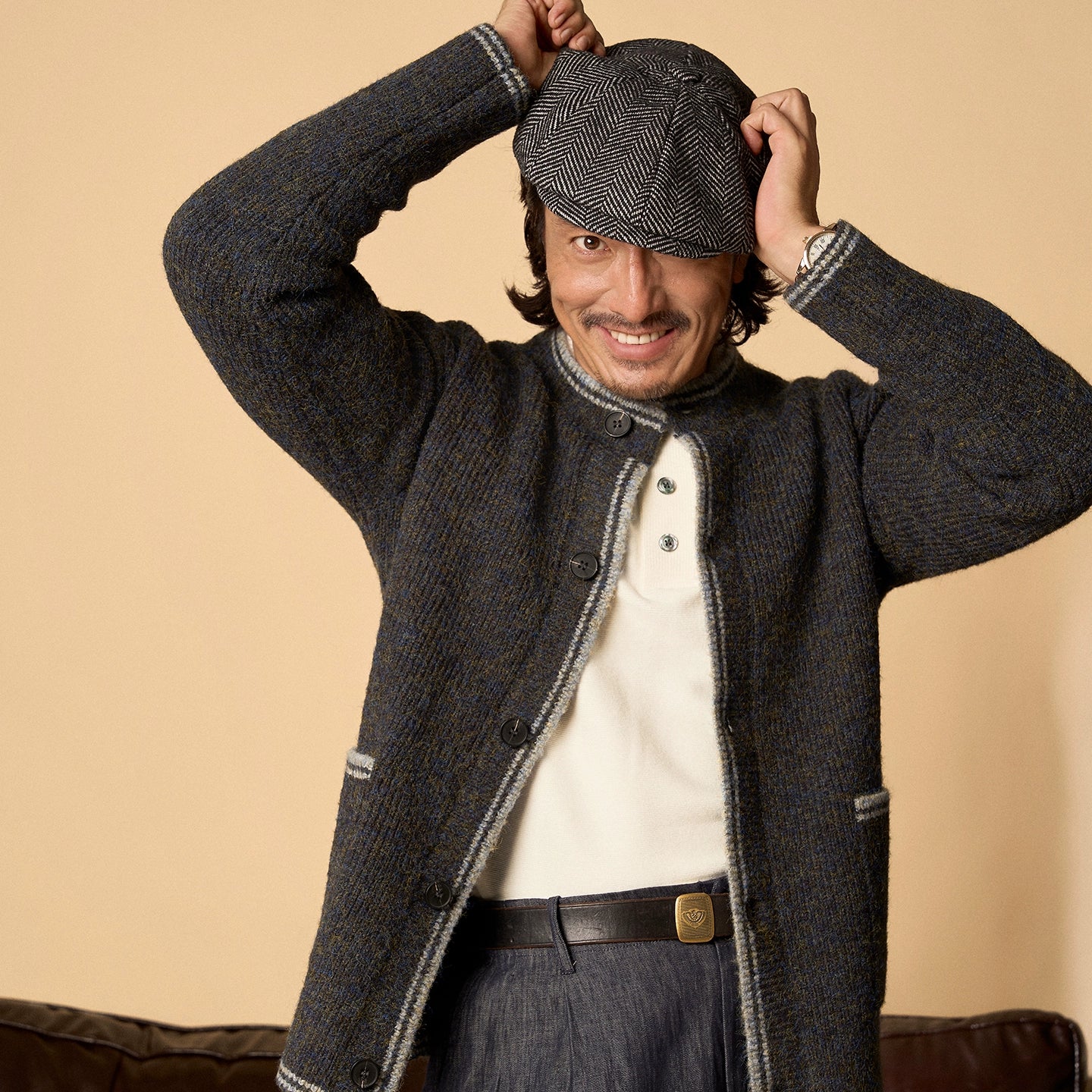 SOARIN英伦风复古圆领针织开衫男 撞色慵懒风休闲宽松毛衣外套冬