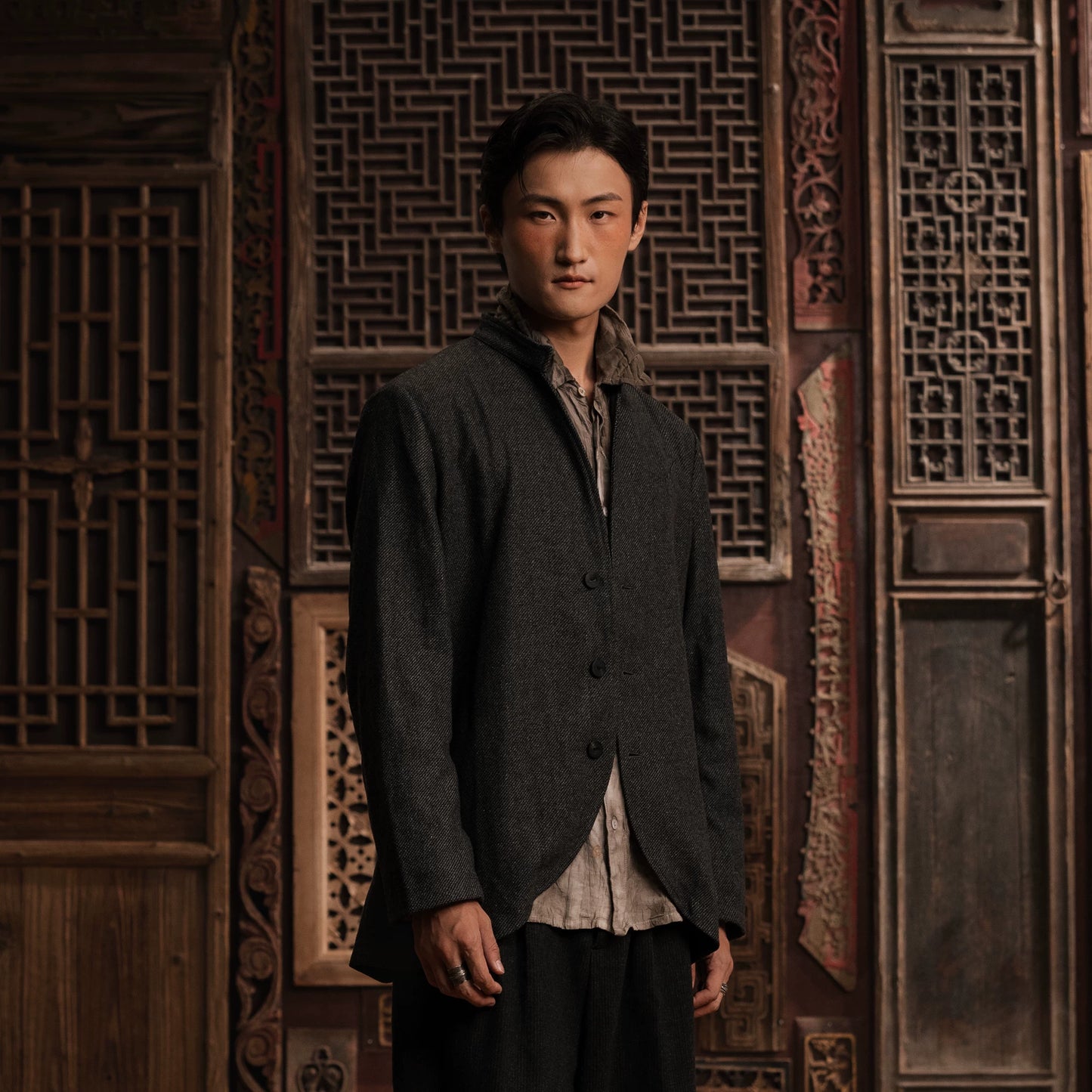 SOARIN WORLD Gai Yu Xia Heritage Series Relaxed Fit Wool Blend Stand Collar Jacket DCZ233TXZ46