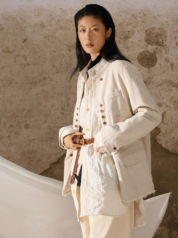 SOAIRN独立复古立领棉麻西装外套男 新中式双排扣毛边休闲单西服