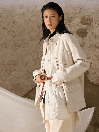 SOAIRN独立复古立领棉麻西装外套男 新中式双排扣毛边休闲单西服