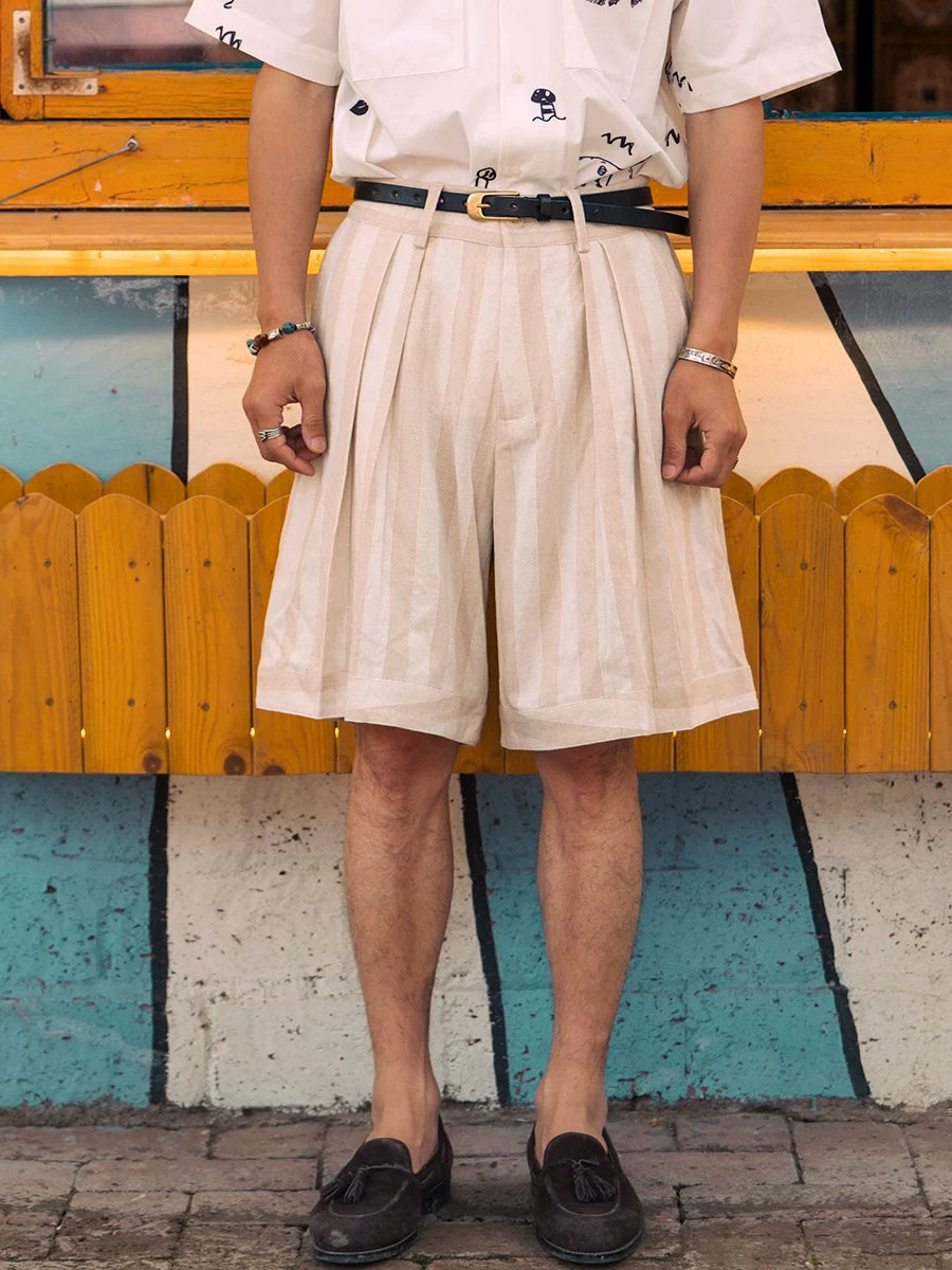 SOARIN Vintage Wide Leg Cotton Linen Striped Shorts JUKZ242TF159