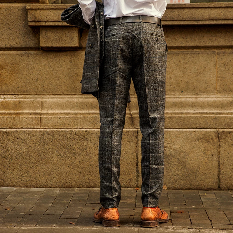 SOARIN British Retro Straight Fit Windowpane Plaid Woolen Suit Trousers  DY63F15