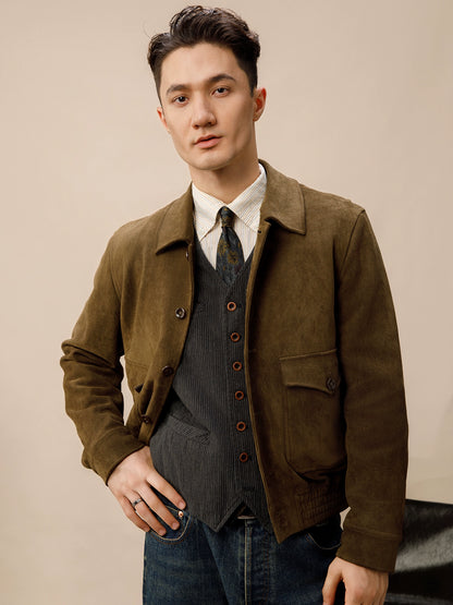 SOARIN复古美式工装鹿皮绒短款夹克男绅士休闲宽松翻领飞行员外套