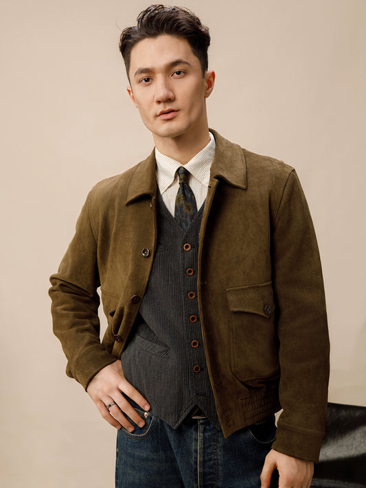 SOARIN复古美式工装鹿皮绒短款夹克男绅士休闲宽松翻领飞行员外套