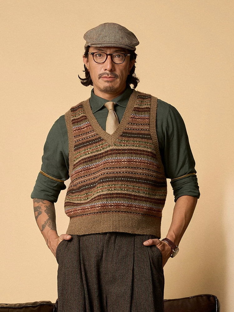 SOARIN英伦复古费尔岛毛衣背心男民族风叠穿保暖套头提花针织马甲