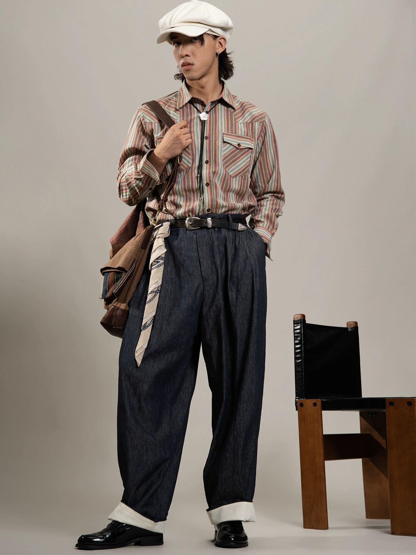 SOARIN美式复古彩虹条纹长袖衬衫男claenfit松弛感双口袋工装衬衣