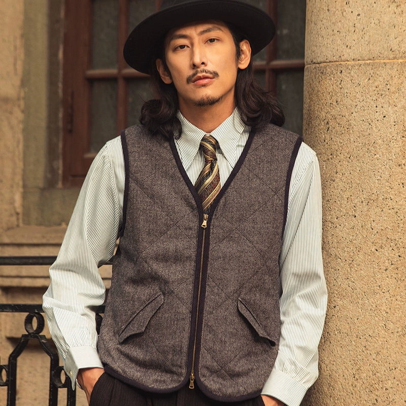 SOARIN英伦风复古菱形格羊毛西装马甲男 冬季人字纹棉服马夹背心