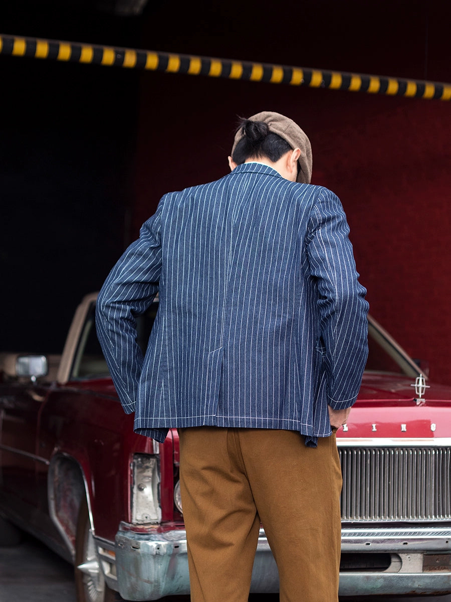 SOARIN美式复古条纹西装外套男 秋冬商务正装休闲牛仔单西服上衣