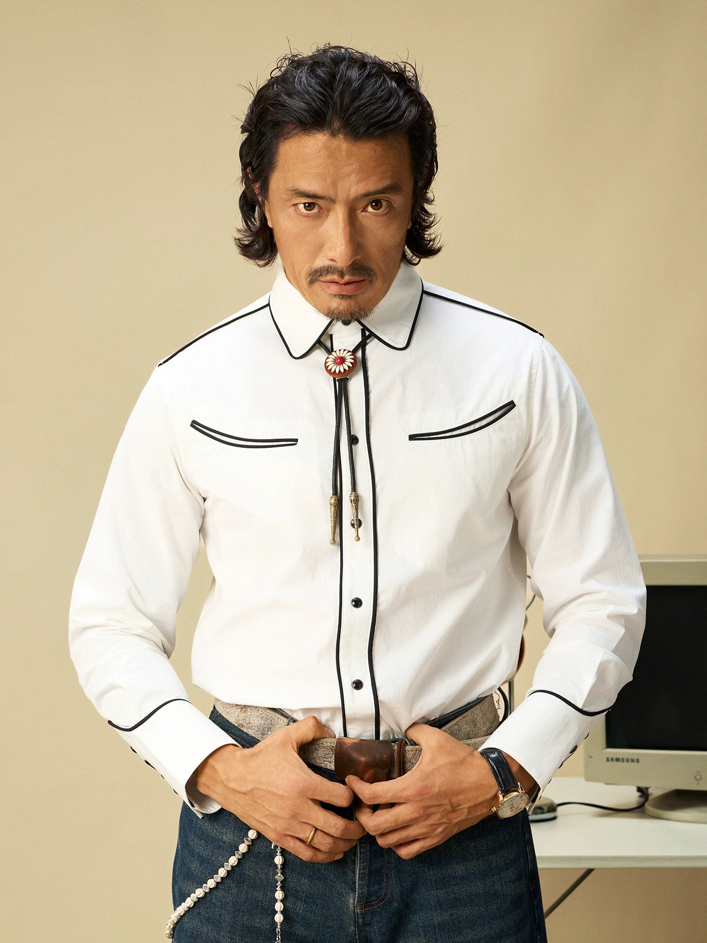 SOARIN美式复古西部风工装长袖衬衫男重磅阿美咔叽休闲设计感衬衣