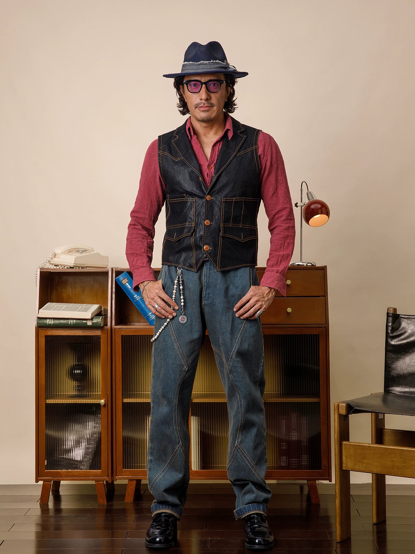 SOARIN美式复古黑色皮衣马甲男 辑明线翻领休闲工装机车马夹背心