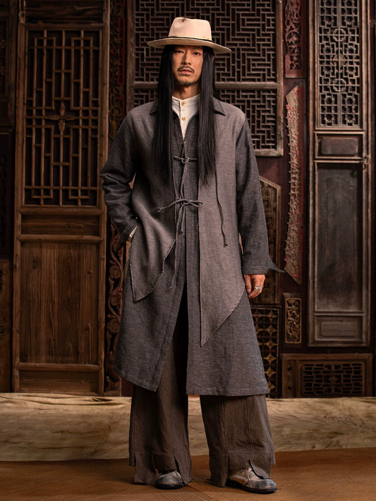 SOARIN WORLD Gai Yu Xia Series Relaxed Fit Slub Cotton Deconstructed Long Trench Coat DCZ233TC187