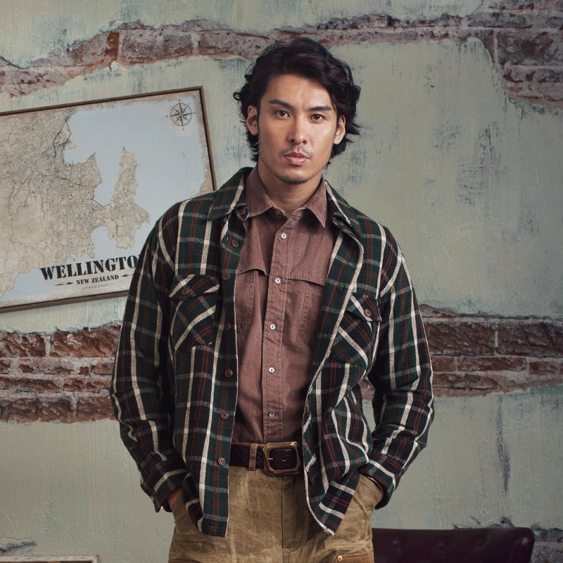 SOARIN美式复古格子外套男 阿美咔叽格纹休闲工装多口袋套头夹克