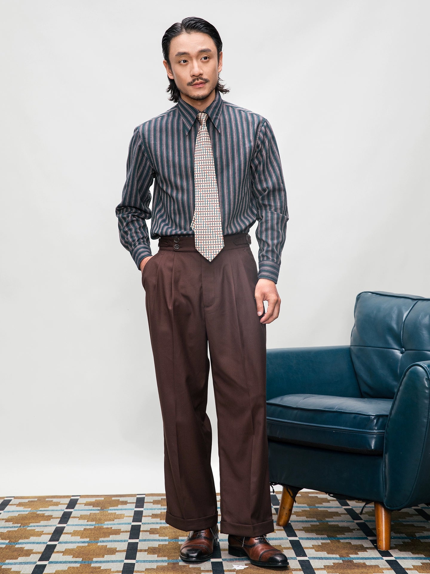 SOARIN英伦风复古粗条纹长袖衬衫男 尖领商务休闲修身西装衬衣