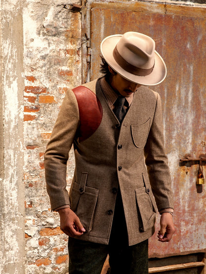 SOARIN英伦风复古人字纹毛呢夹克男 Vintage古着感拼接多口袋外套