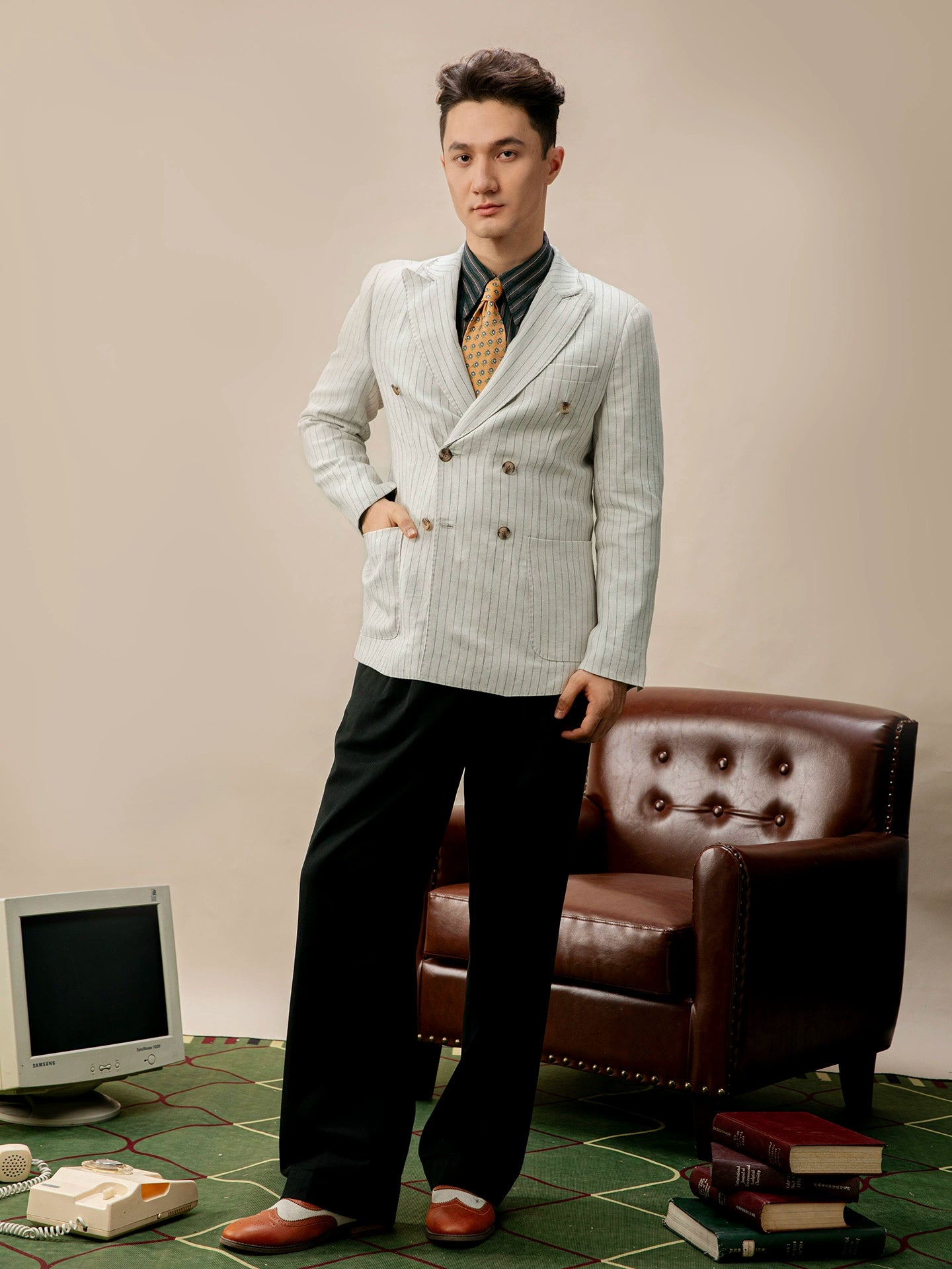 SOARIN雅痞英式条纹西装外套男 戗驳领双排扣商务休闲痞帅单西服