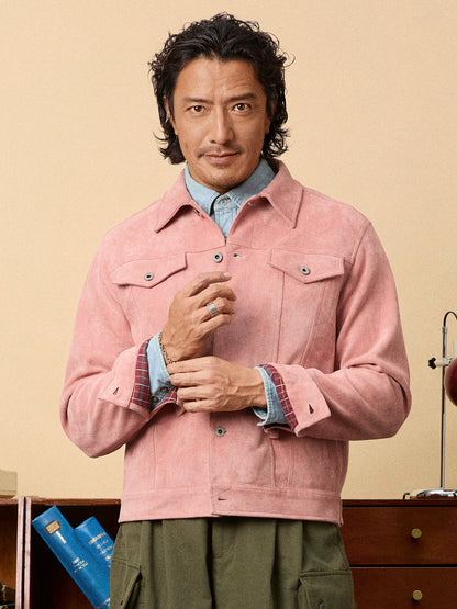 SOARIN美式工装鹿皮绒夹克男阿美咔叽机车服短款复古牛仔外套